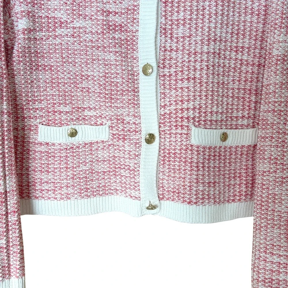 J.Crew Lady Cardigan Sweater‎ Womens Size L Pink White Tweed Knit Gold Buttons